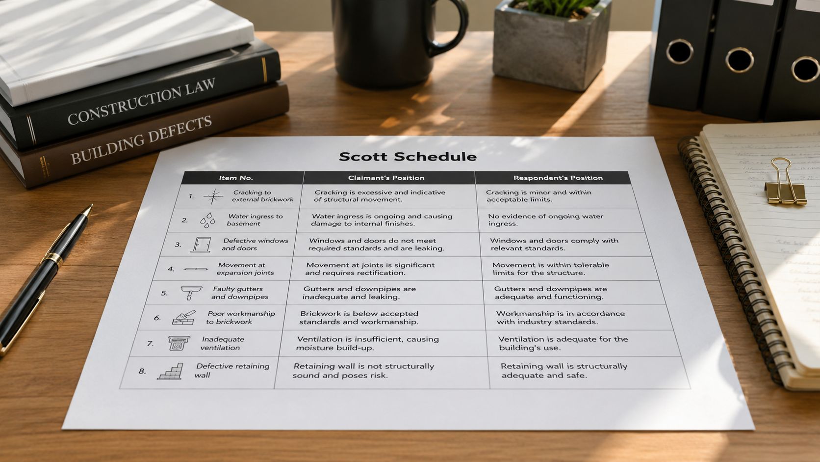 A Scott Schedule document lying on a wooden desk with law books, a pen, and stationery.