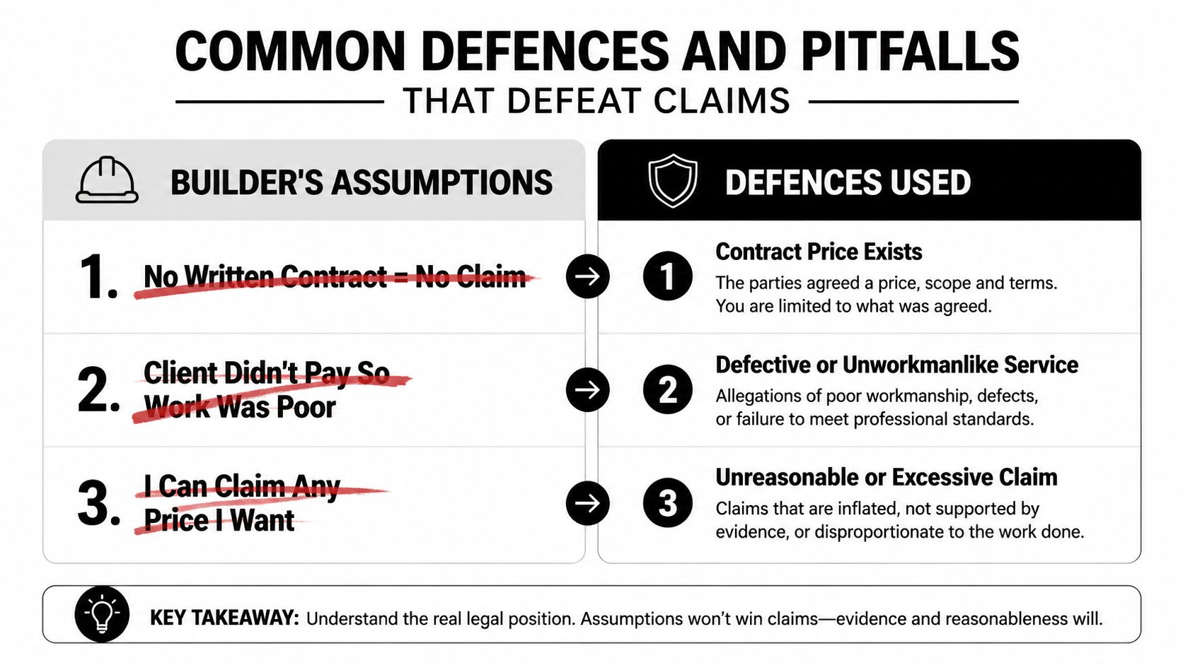 A comparison chart showing common builder assumptions versus actual legal defences for construction claims.
