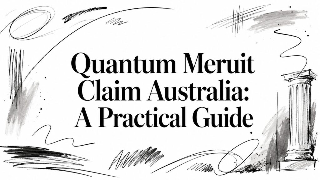 quantum-meruit-claim-australia-legal-guide - Awesim Building Consultants Bold title 'Quantum Meruit Claim Australia: A Practical Guide' surrounded by abstract ink scribbles and a column sketch in the margins.