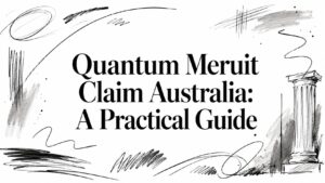 quantum-meruit-claim-australia-legal-guide - Awesim Building Consultants Bold title 'Quantum Meruit Claim Australia: A Practical Guide' surrounded by abstract ink scribbles and a column sketch in the margins.