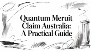 Bold title 'Quantum Meruit Claim Australia: A Practical Guide' surrounded by abstract ink scribbles and a column sketch in the margins.