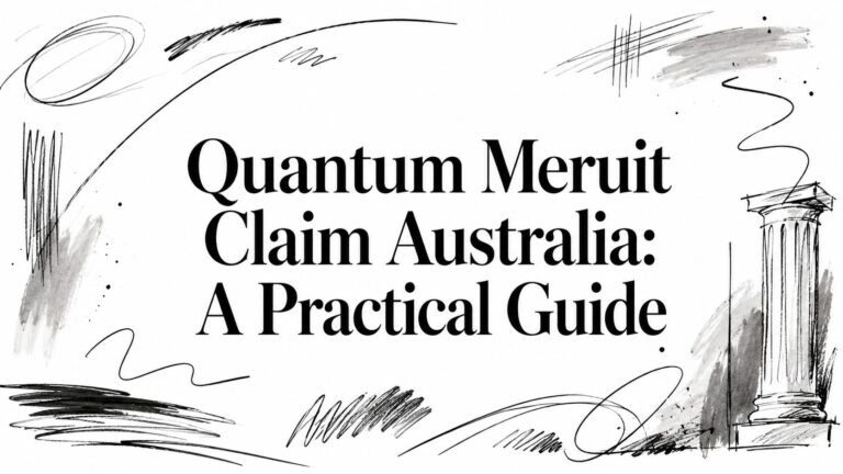 Bold title 'Quantum Meruit Claim Australia: A Practical Guide' surrounded by abstract ink scribbles and a column sketch in the margins.
