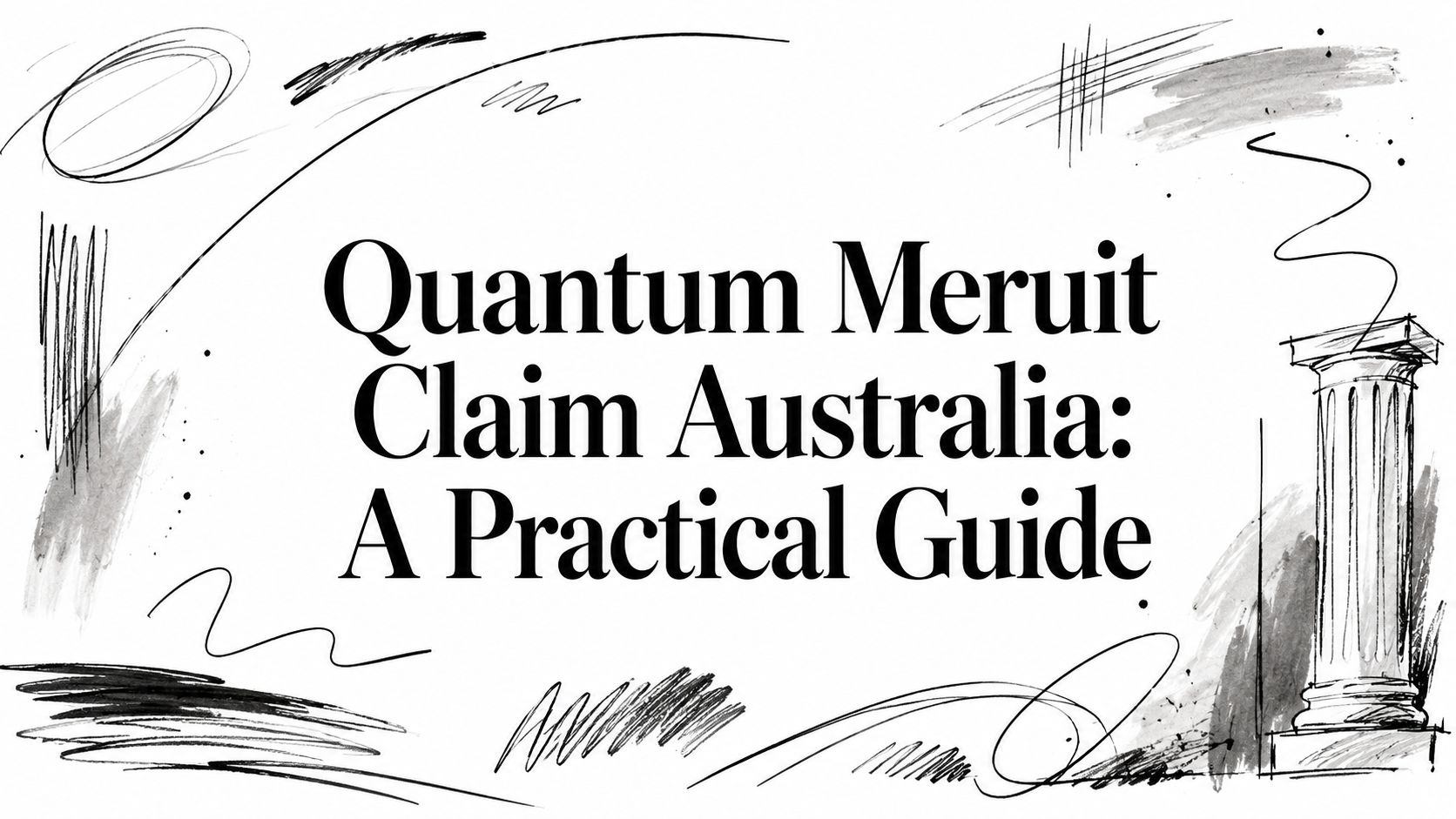 Bold title 'Quantum Meruit Claim Australia: A Practical Guide' surrounded by abstract ink scribbles and a column sketch in the margins.