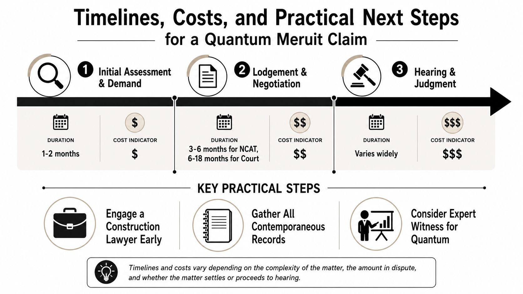 A timeline graphic outlining the costs, durations, and practical steps for pursuing a quantum meruit claim.