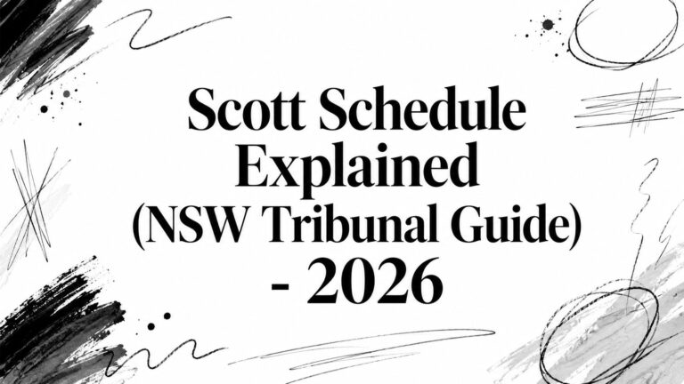 Cover image for a guide titled 'Scott Schedule Explained (NSW Tribunal Guide) - 2026' with black abstract scribbles around the edges.