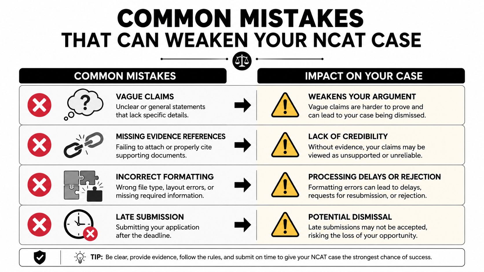 An infographic listing common mistakes to avoid when preparing a legal case for the NCAT tribunal.