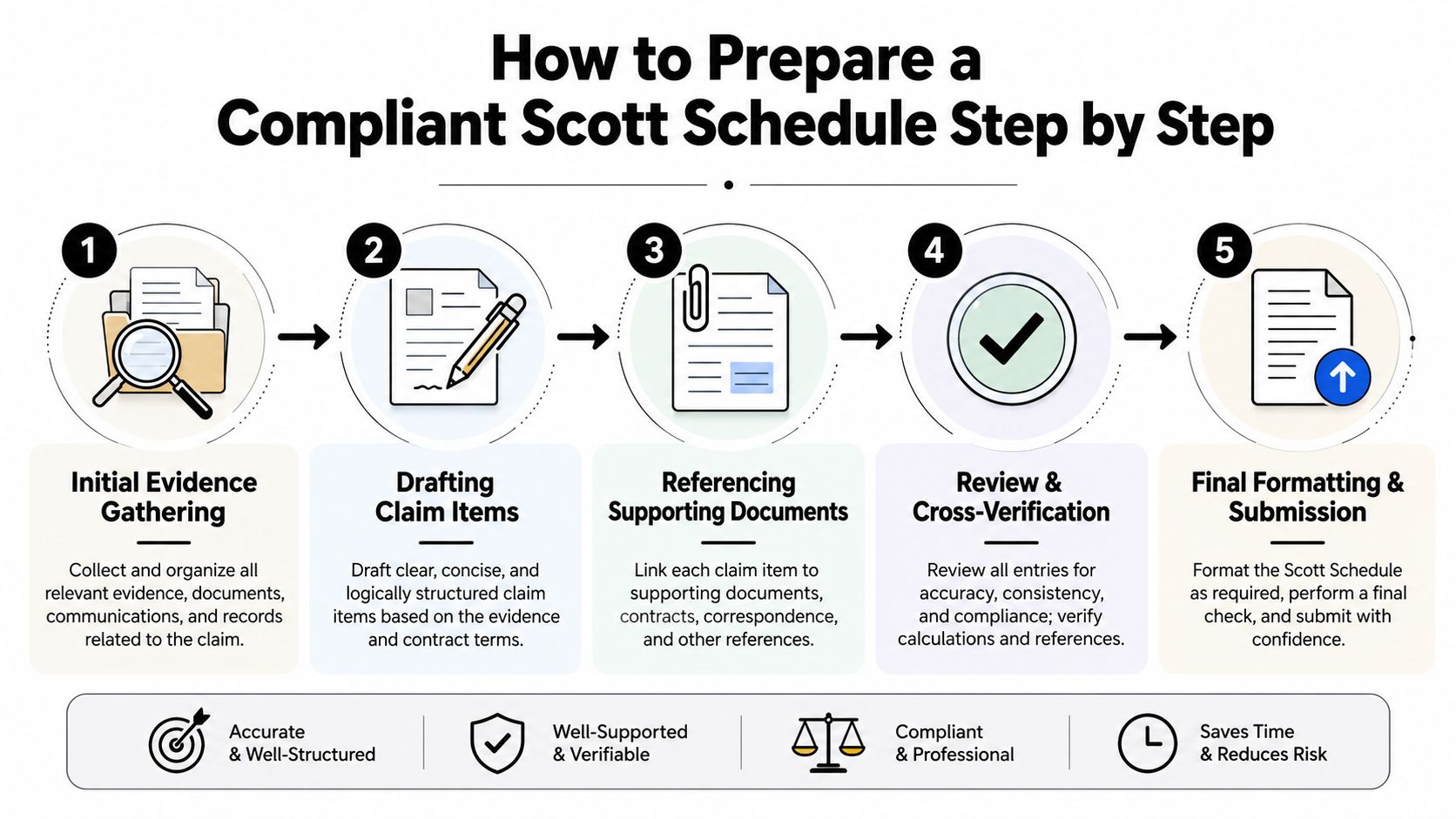 A five-step infographic showing how to prepare a compliant Scott Schedule for legal claims.