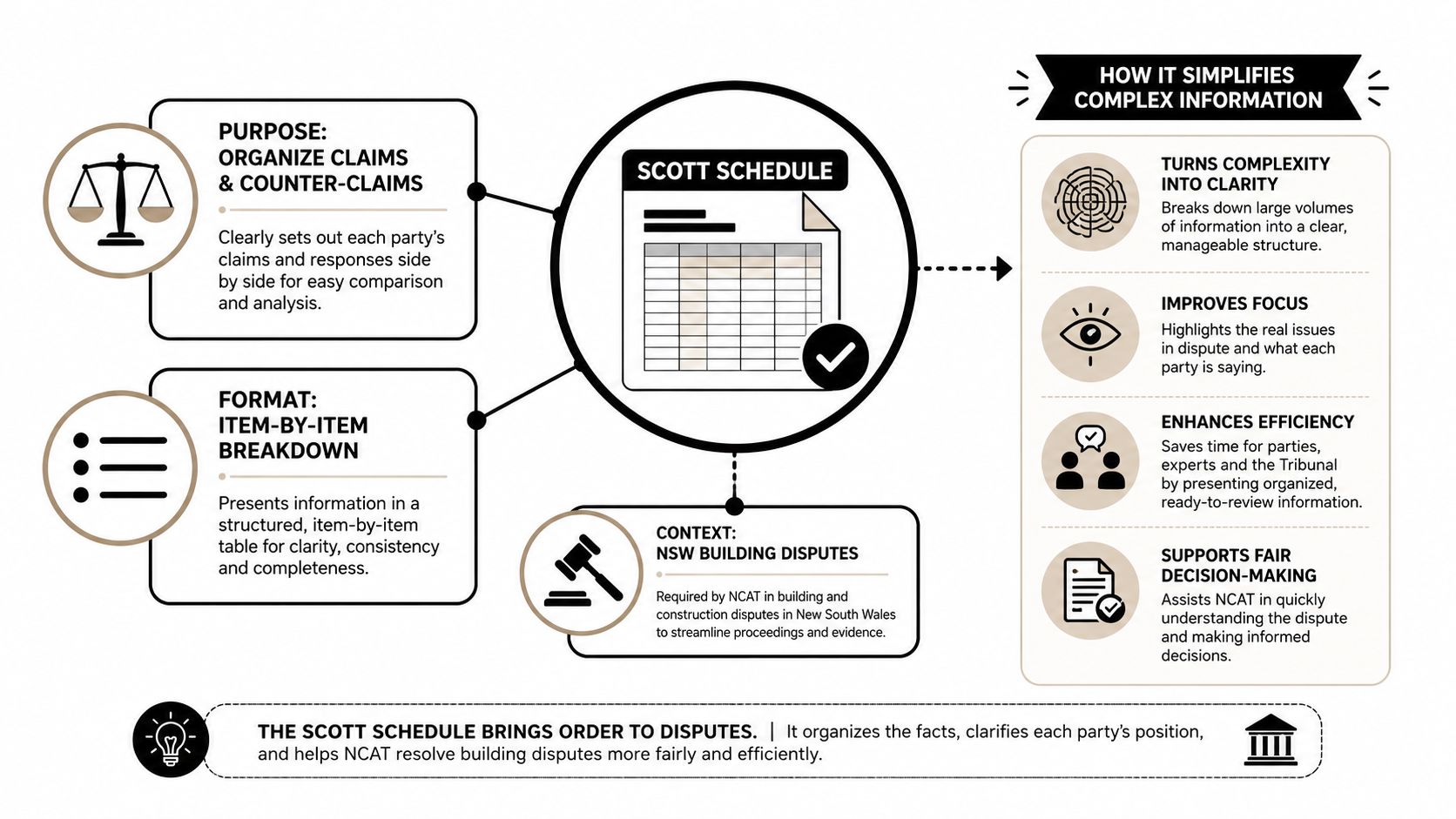 An infographic explaining the Scott Schedule used for organizing claims in New South Wales building disputes.
