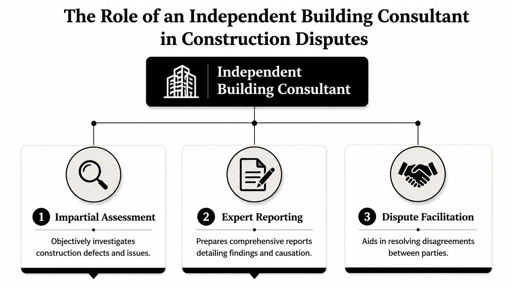 A diagram illustrating the three key roles of an independent building consultant in managing construction disputes.
