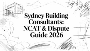 Cover image with abstract architectural sketches and bold text: 'Sydney Building Consultants: NCAT & Dispute Guide 2026'.
