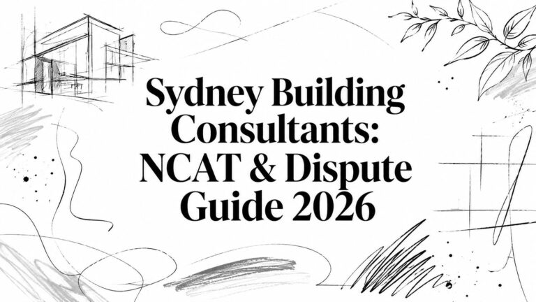 Cover image with abstract architectural sketches and bold text: 'Sydney Building Consultants: NCAT & Dispute Guide 2026'.