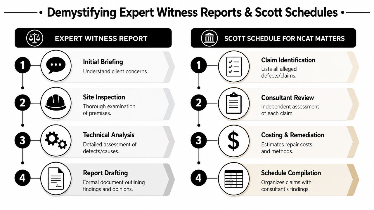 A flowchart explaining the process for creating expert witness reports and Scott schedules for construction matters.
