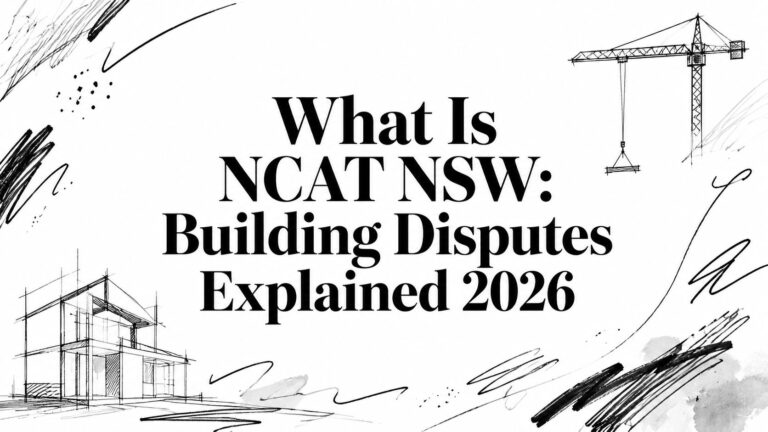 Title card: 'What Is NCAT NSW: Building Disputes Explained 2026' with sketchy construction drawings and a crane.