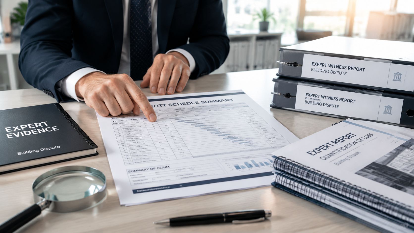 A professional analyzing a Scott Schedule summary document related to a building dispute legal case.