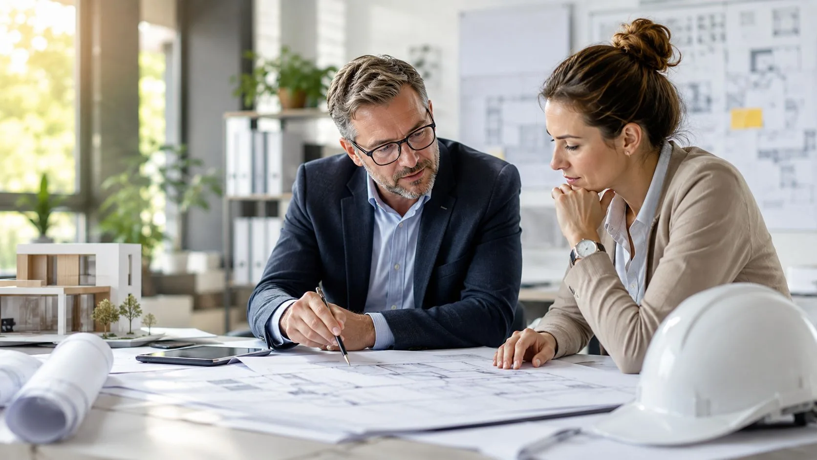 A male architect and a female professional discussing construction blueprints together in a modern office workspace.