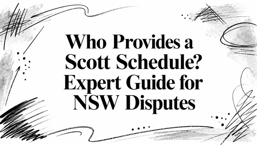 Bold title: 'Who Provides a Scott Schedule? Expert Guide for NSW Disputes' with abstract black doodles on white background