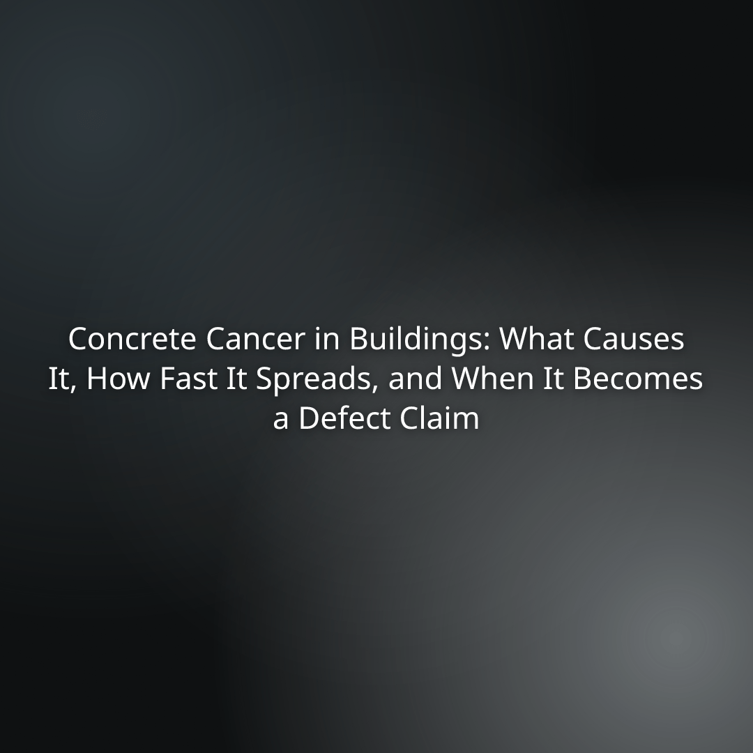 Presentation cover: 'Concrete Cancer in Buildings: What Causes It, How Fast It Spreads, and When It Becomes a Defect Claim'.