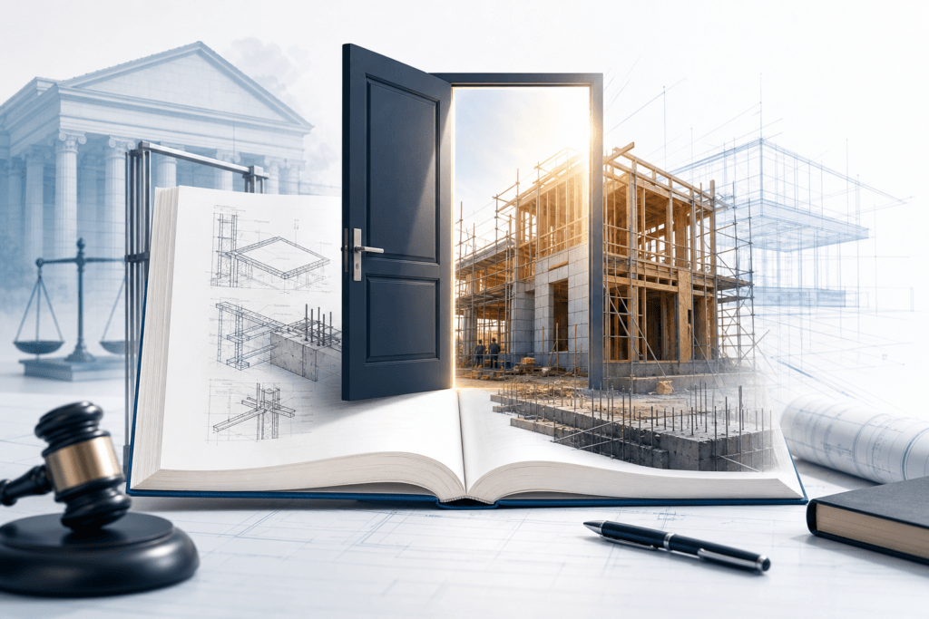 Open architectural book showing blueprints; a doorway reveals a building under construction with scaffolding, gavel and scales in the background.