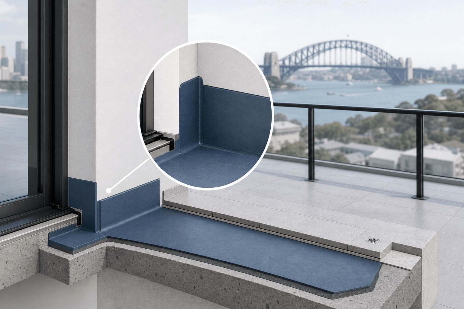 Low blue ramped door threshold at a balcony door, providing a smooth, level transition for accessibility.