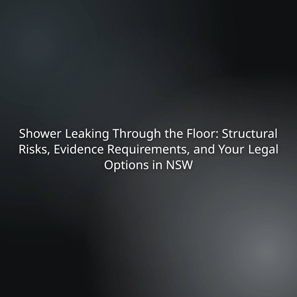 Title slide: 'Shower Leaking Through the Floor: Structural Risks, Evidence Requirements, and Your Legal Options in NSW' against a dark gradient background.