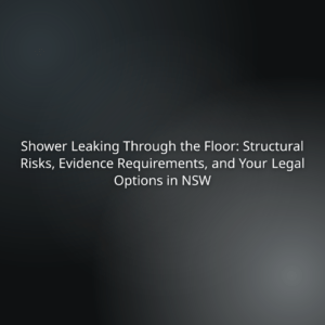 3cd9a711-b236-4e94-b80c-fd881aacf10a - Awesim Building Consultants Title slide: 'Shower Leaking Through the Floor: Structural Risks, Evidence Requirements, and Your Legal Options in NSW' against a dark gradient background.