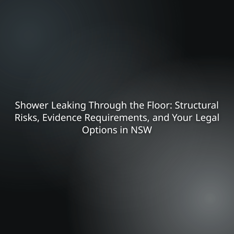 Title slide: 'Shower Leaking Through the Floor: Structural Risks, Evidence Requirements, and Your Legal Options in NSW' against a dark gradient background.