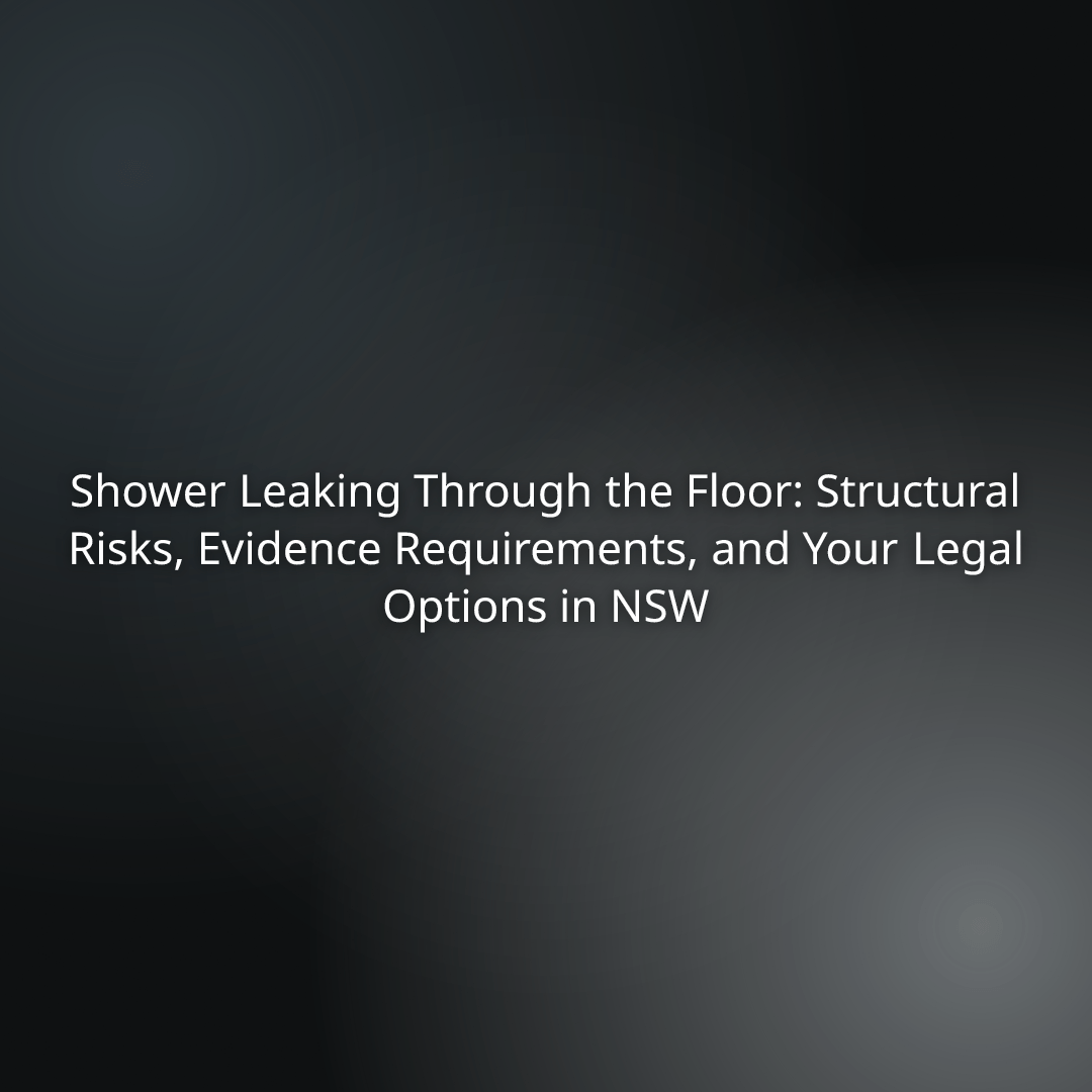 3cd9a711-b236-4e94-b80c-fd881aacf10a - Awesim Building Consultants - Awesim Building Consultants Title slide: 'Shower Leaking Through the Floor: Structural Risks, Evidence Requirements, and Your Legal Options in NSW' against a dark gradient background.