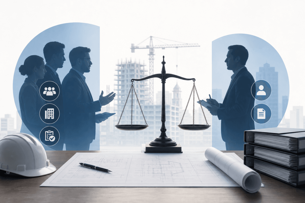 6aaf4054-6c13-4e14-84a9-616070fff3bc - Awesim Building Consultants Balance scales centered between two groups of professionals with a construction site in the background and blueprints on a desk.