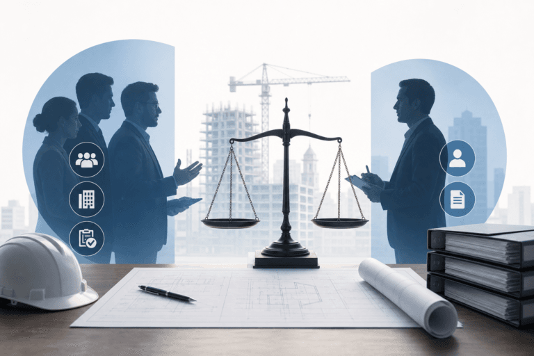 Balance scales centered between two groups of professionals with a construction site in the background and blueprints on a desk.