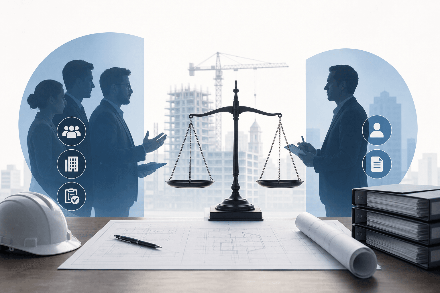 Balance scales centered between two groups of professionals with a construction site in the background and blueprints on a desk.