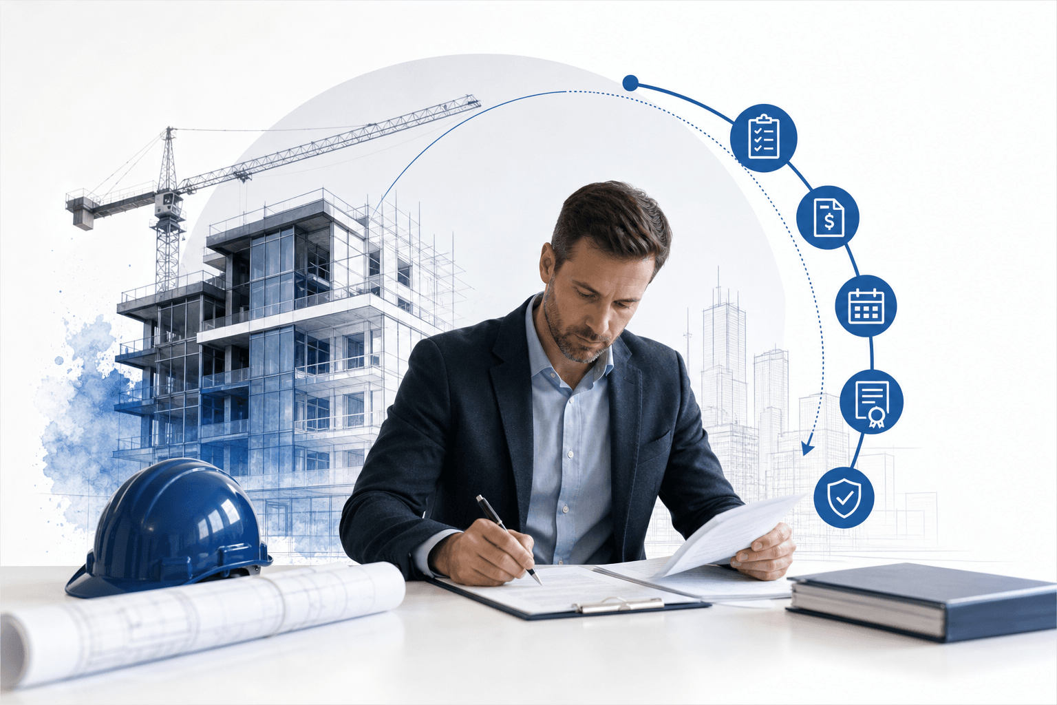 Project manager signs documents at a desk with a building under construction in the background and a blue hard hat nearby.