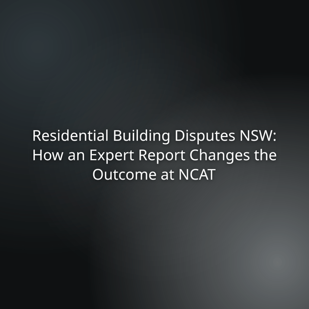 Presentation slide title: 'Residential Building Disputes NSW: How an Expert Report Changes the Outcome at NCAT'
