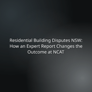 Presentation slide title: 'Residential Building Disputes NSW: How an Expert Report Changes the Outcome at NCAT'