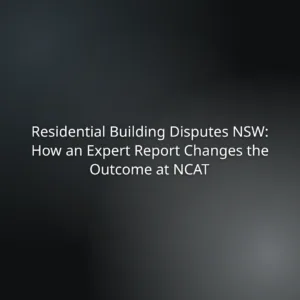 Presentation slide title: 'Residential Building Disputes NSW: How an Expert Report Changes the Outcome at NCAT'