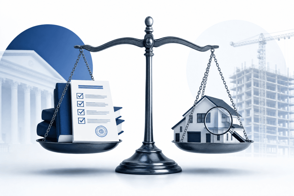 Balanced scales of justice with legal documents and books on the left side, a house with a magnifying glass on the right, symbolizing real estate law or property disputes.