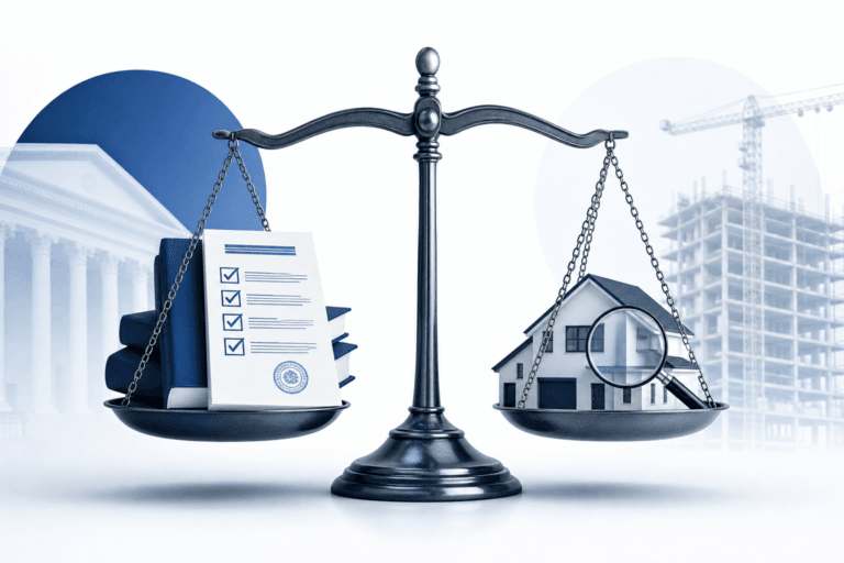 Balanced scales of justice with legal documents and books on the left side, a house with a magnifying glass on the right, symbolizing real estate law or property disputes.
