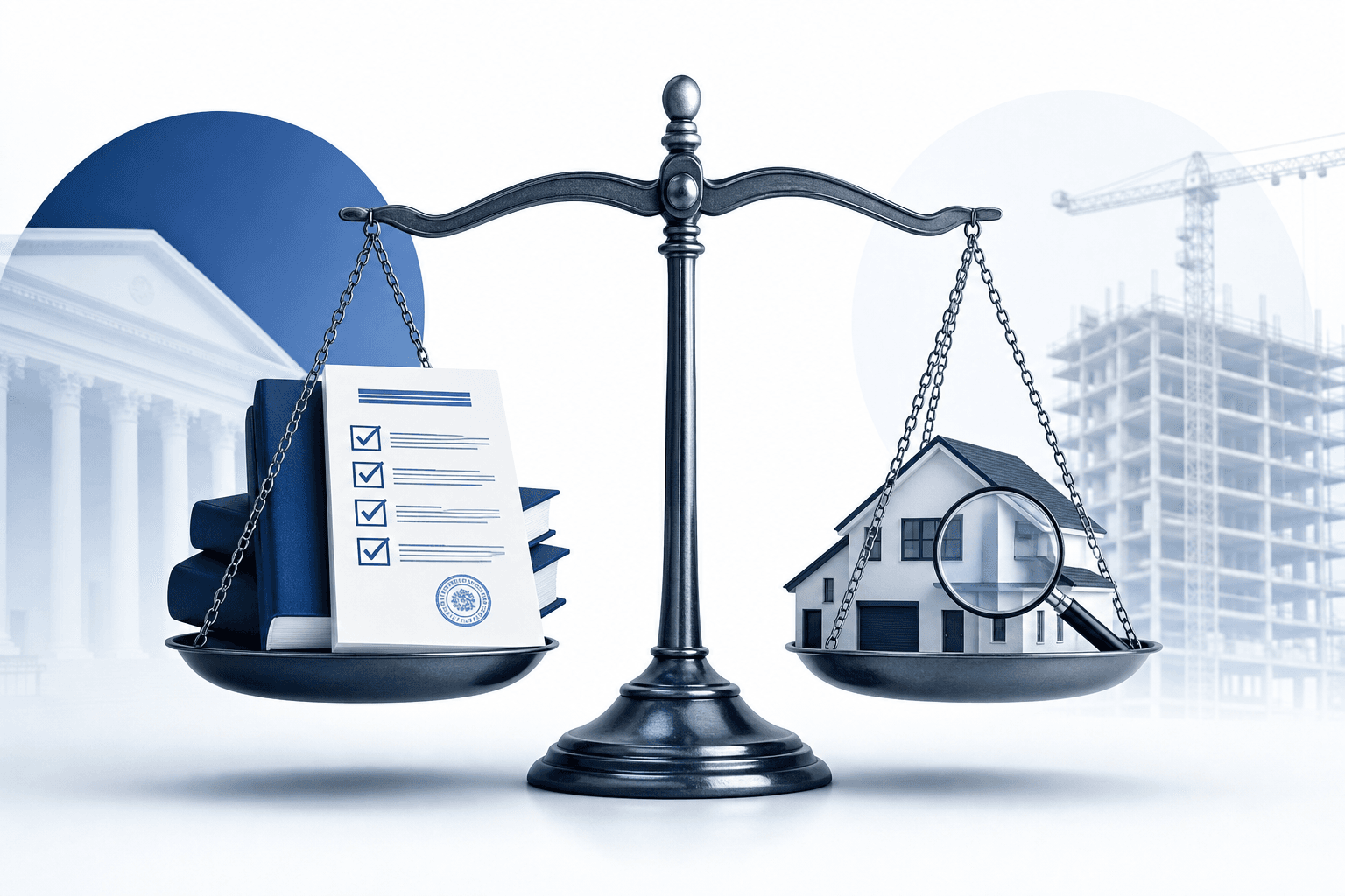 Balanced scales of justice with legal documents and books on the left side, a house with a magnifying glass on the right, symbolizing real estate law or property disputes.