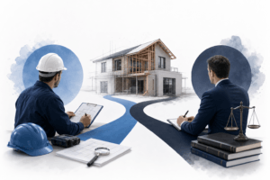 Engineer with hard hat and clipboard and a lawyer with scales review plans for a new house under construction.