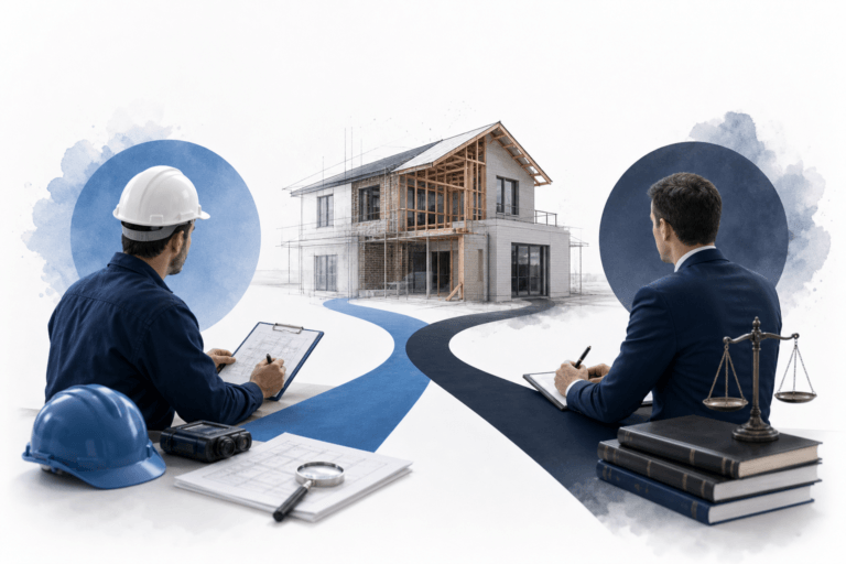 Engineer with hard hat and clipboard and a lawyer with scales review plans for a new house under construction.