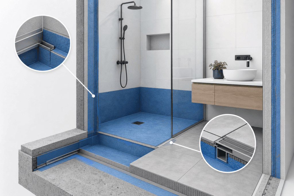 Cross-section view of a modern bathroom shower area with blue waterproofing, a glass door, and a trench drain at the threshold next to a wooden vanity.