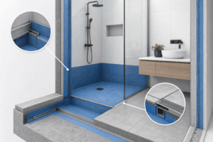 Cross-section view of a modern bathroom shower area with blue waterproofing, a glass door, and a trench drain at the threshold next to a wooden vanity.