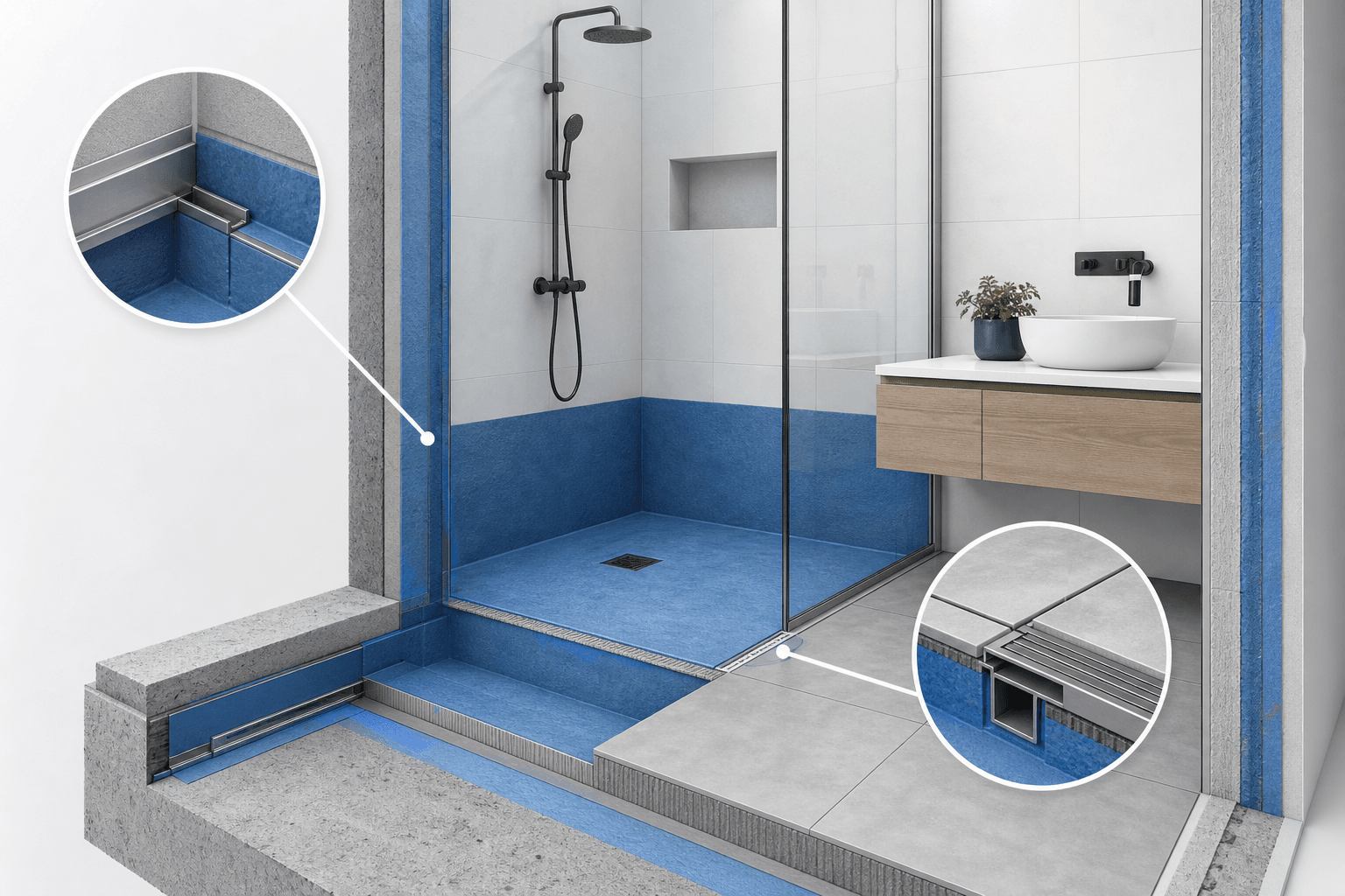 Cross-section view of a modern bathroom shower area with blue waterproofing, a glass door, and a trench drain at the threshold next to a wooden vanity.