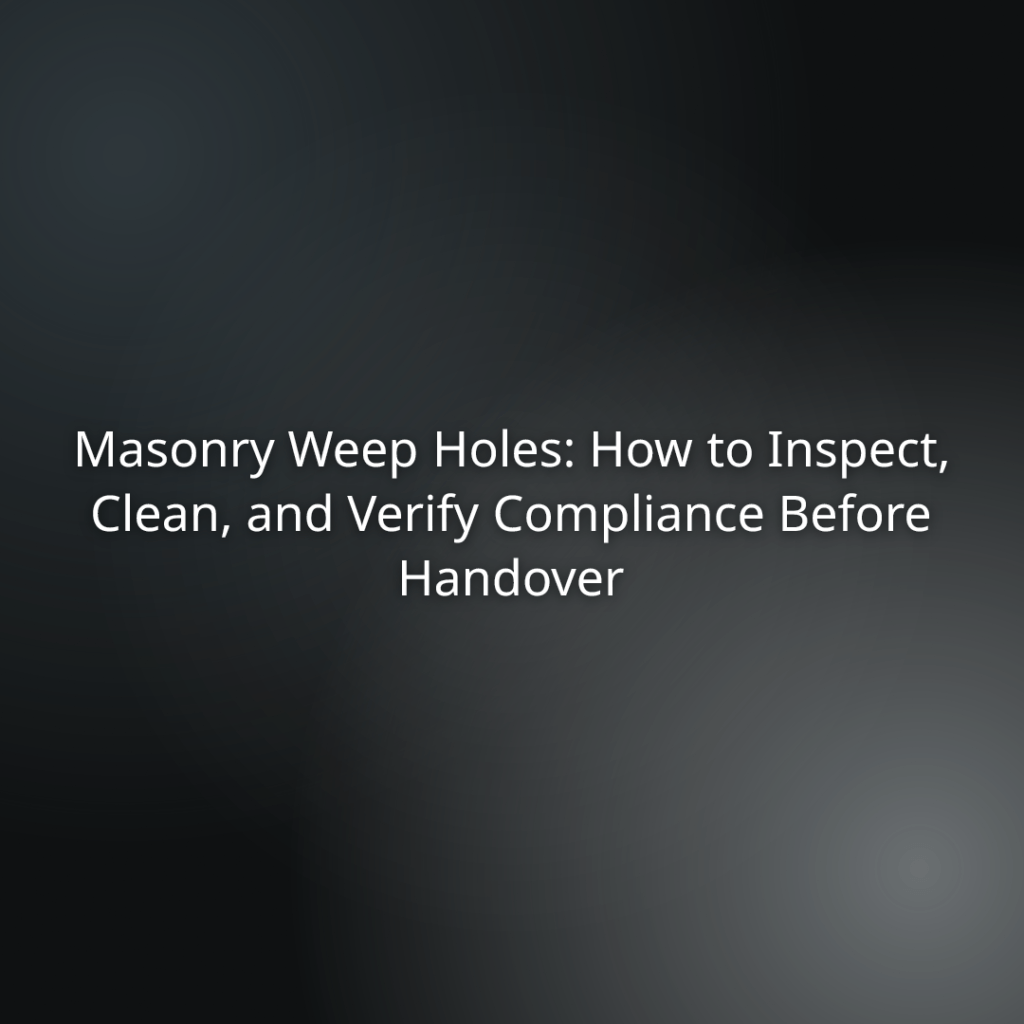 acac217e-87bb-48a3-9094-36f6d42deb65 - Awesim Building Consultants Slide title: 'Masonry Weep Holes: How to Inspect, Clean, and Verify Compliance Before Handover' on a dark gradient background.