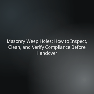 Slide title: 'Masonry Weep Holes: How to Inspect, Clean, and Verify Compliance Before Handover' on a dark gradient background.