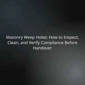Slide title: 'Masonry Weep Holes: How to Inspect, Clean, and Verify Compliance Before Handover' on a dark gradient background.