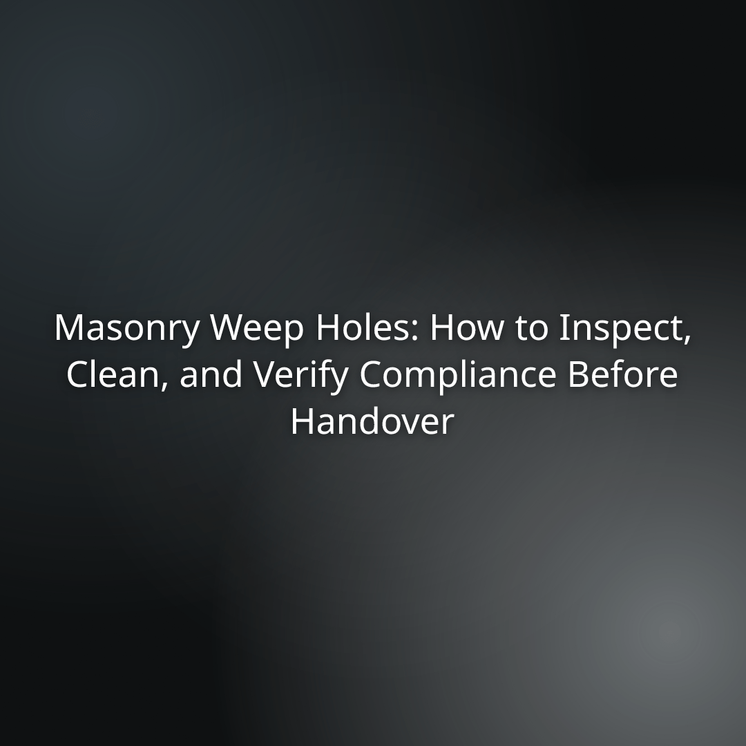 acac217e-87bb-48a3-9094-36f6d42deb65 - Awesim Building Consultants - Awesim Building Consultants Slide title: 'Masonry Weep Holes: How to Inspect, Clean, and Verify Compliance Before Handover' on a dark gradient background.
