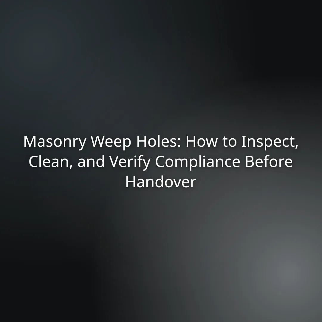 acac217e-87bb-48a3-9094-36f6d42deb65 - Awesim Building Consultants Slide title: 'Masonry Weep Holes: How to Inspect, Clean, and Verify Compliance Before Handover' on a dark gradient background.