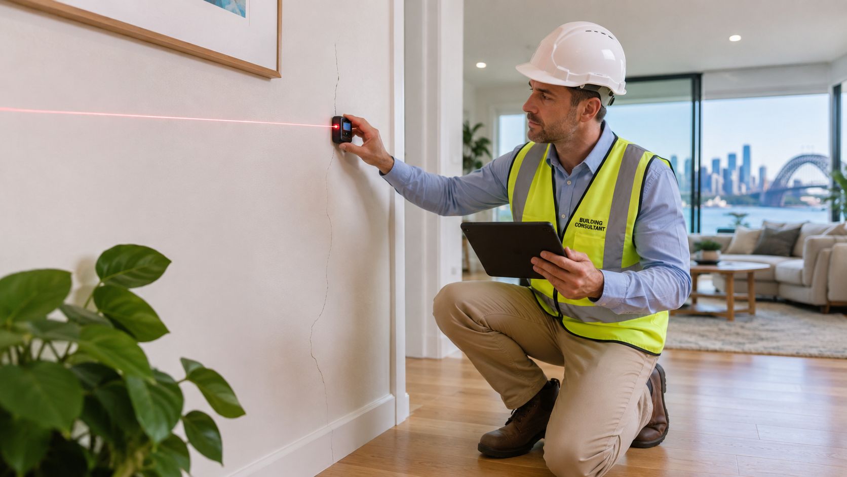 A professional building consultant in a hard hat and safety vest inspecting a wall crack with laser equipment.