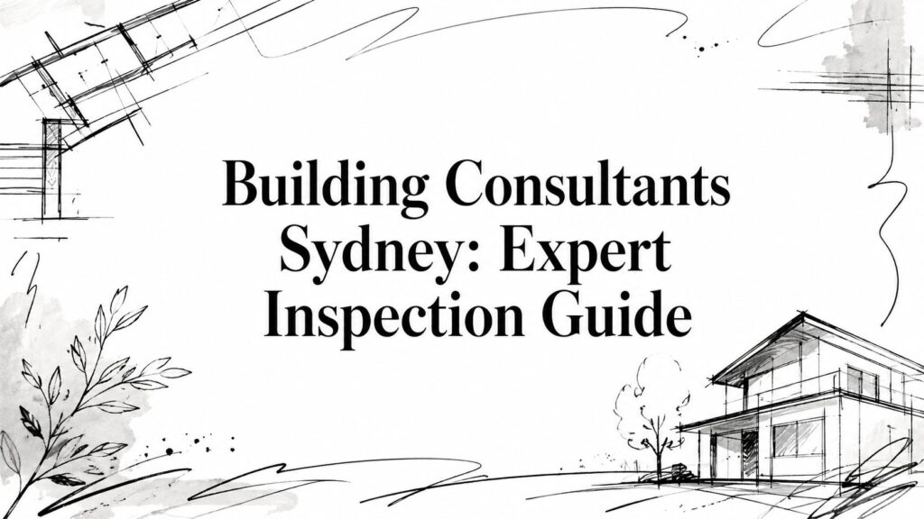 Title card: 'Building Consultants Sydney: Expert Inspection Guide' with architectural sketches of a house, trees, and abstract lines along the margins.