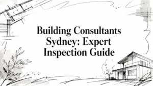 building-consultants-sydney-house-sketch - Awesim Building Consultants Title card: 'Building Consultants Sydney: Expert Inspection Guide' with architectural sketches of a house, trees, and abstract lines along the margins.